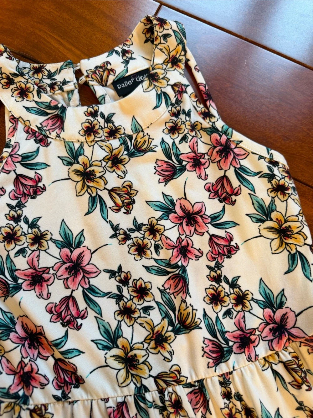 paper doll White Floral Hi-Low Dress with Pink and Yellow Blooms